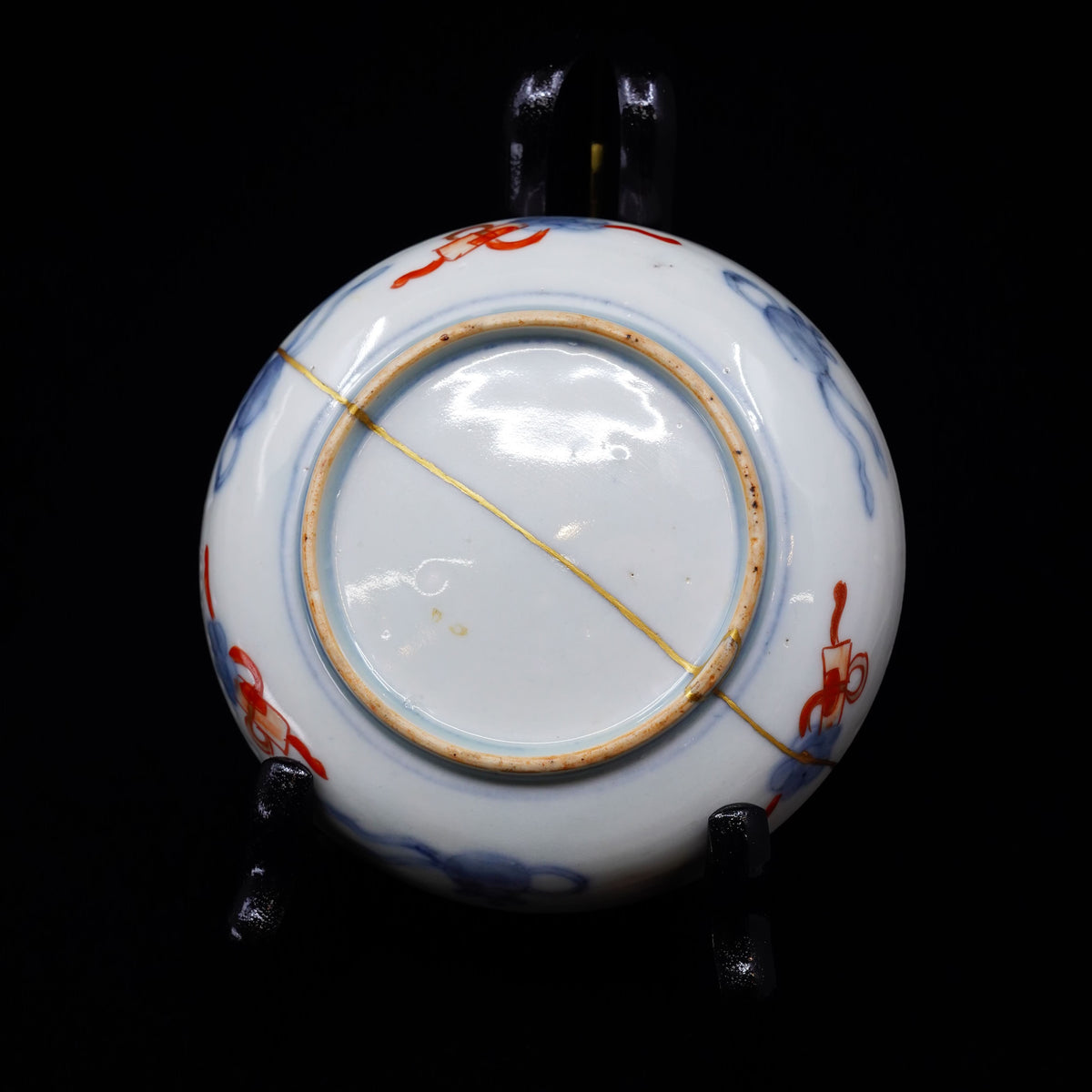 Antique Imari Ware Small Plate, Meiji Era – Japanese Porcelain Repaired with Gold (Kintsugi), Stream, Chrysanthemum & Bush Clover Design