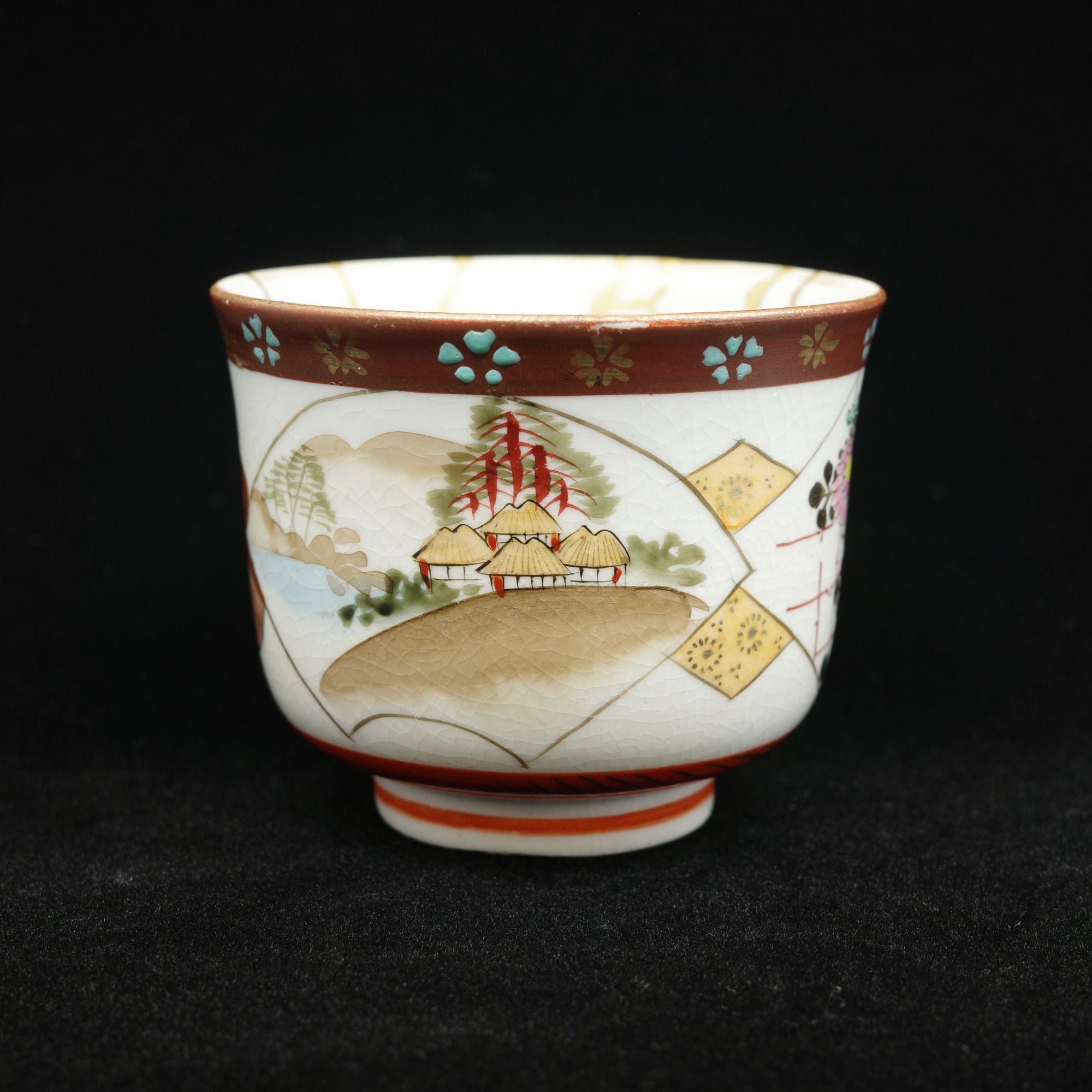 Kintsugi Imari Ware Meiji-Era Teacup - Figure & Landscape Design, Matte Gold Powder Finish [Free Shipping]