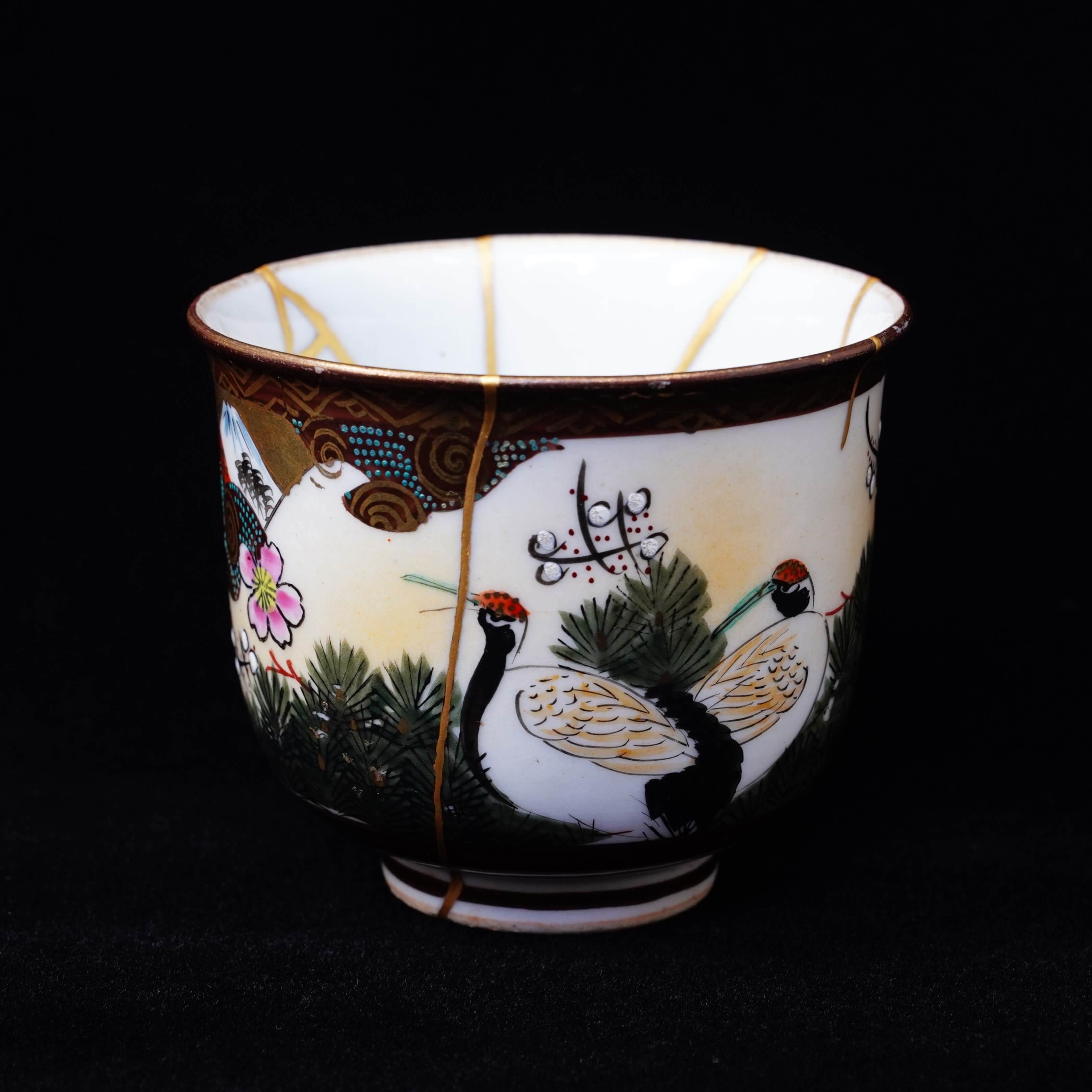 Antique Kutani Ware Teacup, Meiji Era – Japanese Pottery Repaired with Gold (Kintsugi), Crane & Mt. Fuji Design
