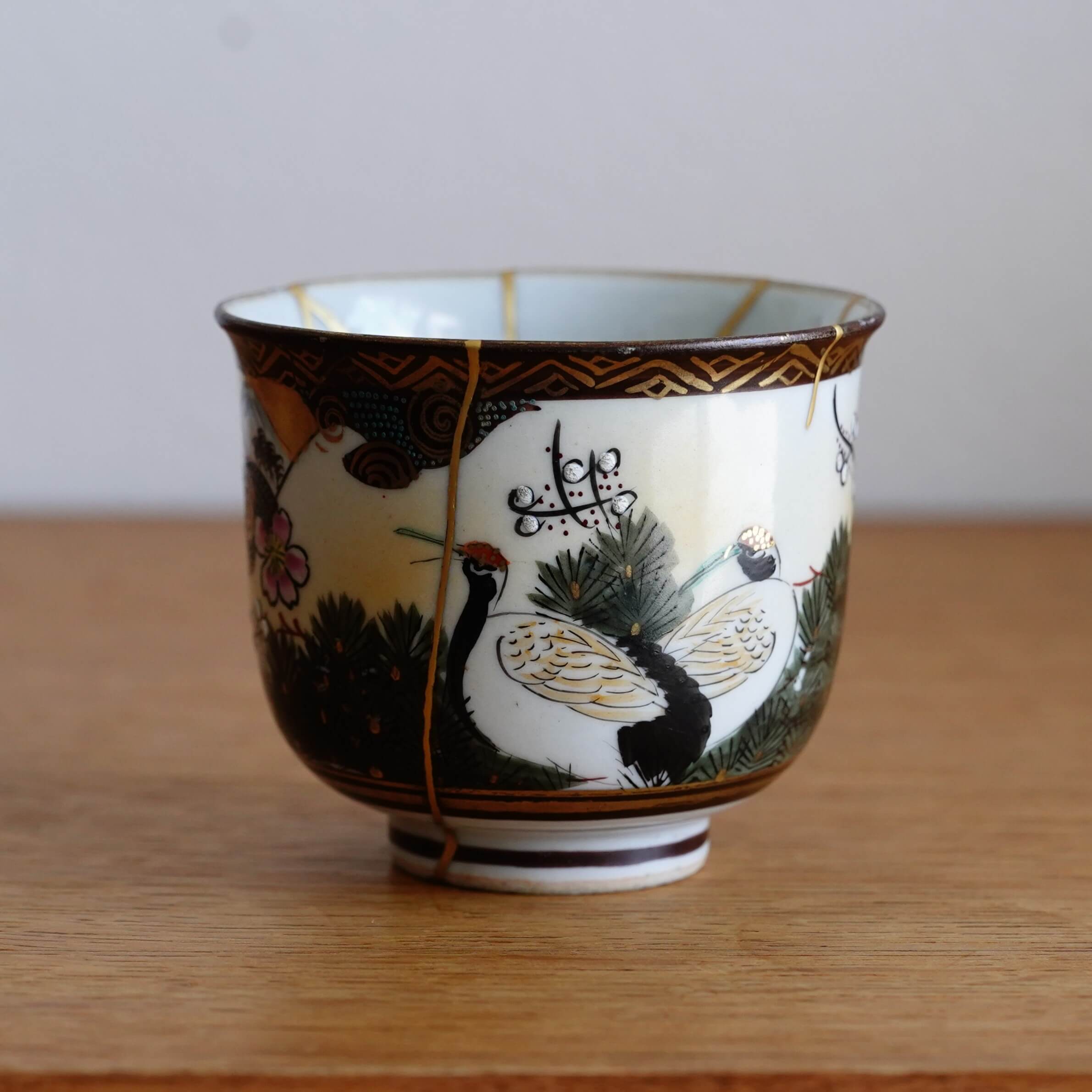 Antique Kutani Ware Teacup, Meiji Era – Japanese Pottery Repaired with Gold (Kintsugi), Crane & Mt. Fuji Design
