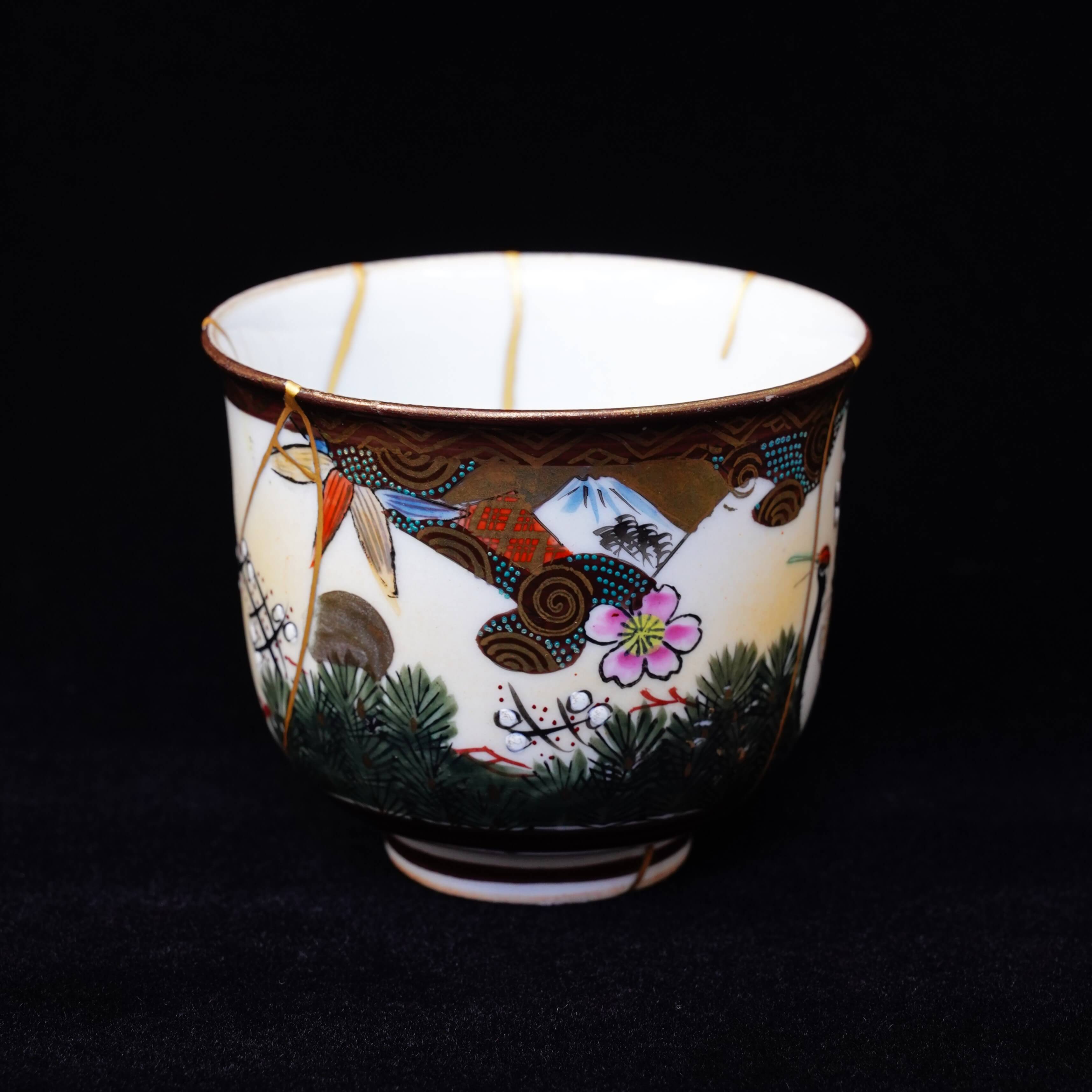 Antique Kutani Ware Teacup, Meiji Era – Japanese Pottery Repaired with Gold (Kintsugi), Crane & Mt. Fuji Design